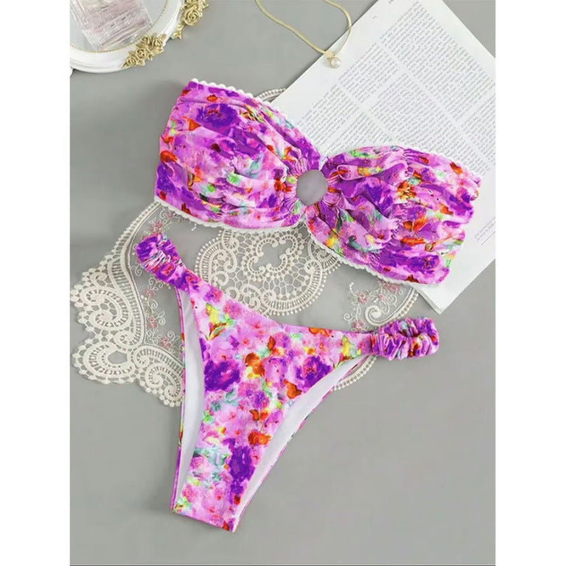 Damen Bandeau-Bikini mit romantischem Rüschendesign und verführerischem Blumenmuster