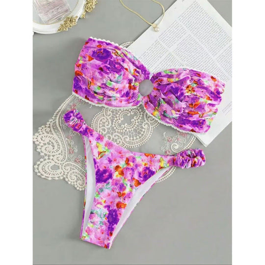 Damen Bandeau-Bikini mit romantischem Rüschendesign und verführerischem Blumenmuster