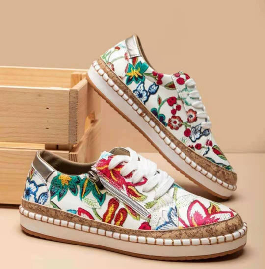 Damen florale Plateausneaker mit Korkplateau, seitlichem Reißverschluss und gepolstertem Komfortfußbett Shop Nory