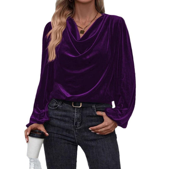 Damen Drapiertes Samtblusenshirt mit Wasserfall‑Ausschnitt und Puffschultern Shop Nory