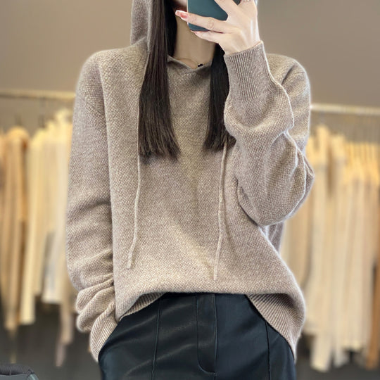 Damen weicher Feinstrick‑Kapuzensweater mit melierter Struktur und gerippten Bündchen Shop Nory