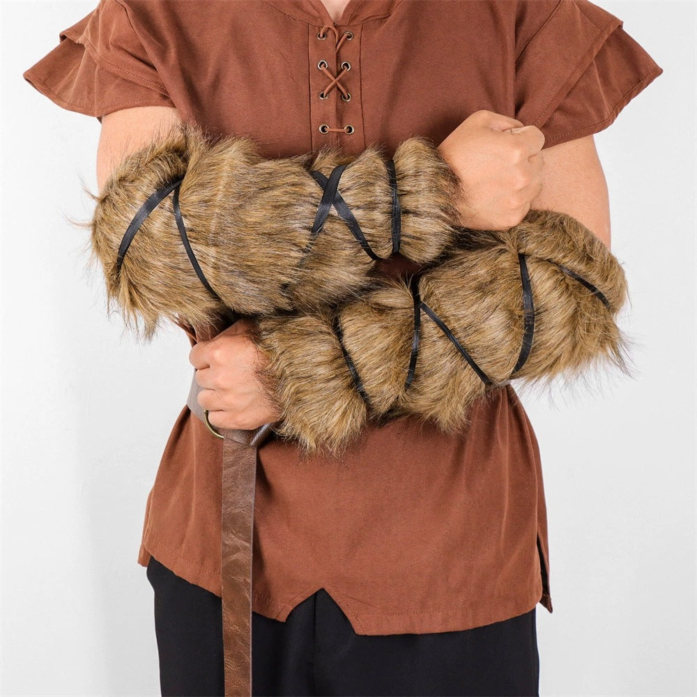 Herren Wikinger‑inspirierte Kunstpelz‑Armstulpen mit verstellbaren Wickelriemen Shop Nory