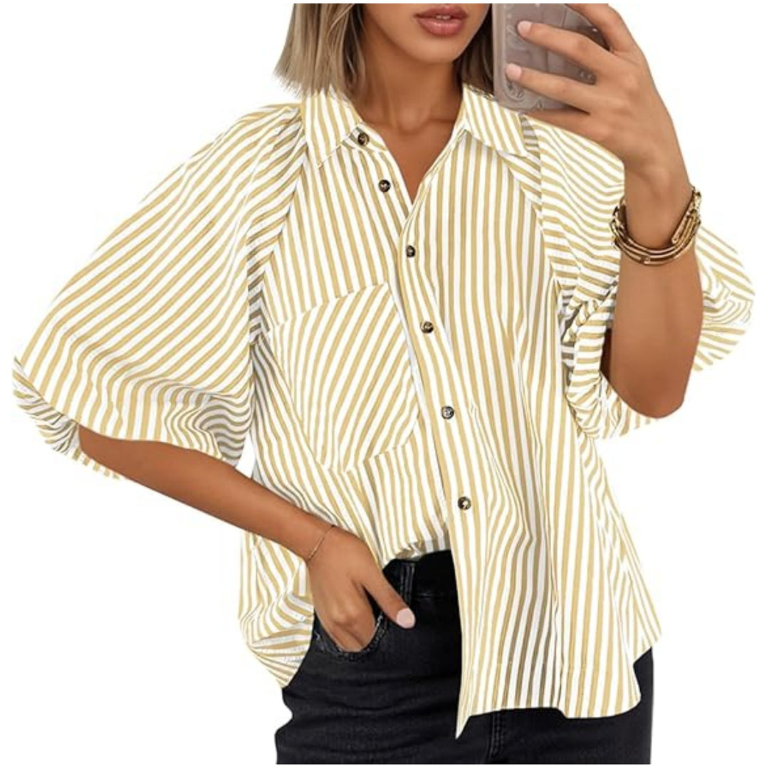 Damen Oversize Hemdbluse mit Ballonärmeln und vertikalem Streifenmuster Shop Nory