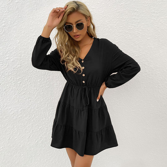 Damen Gestuftes Viskose-Minikleid mit Taillenschnur und Knopfdetail Shop Nory