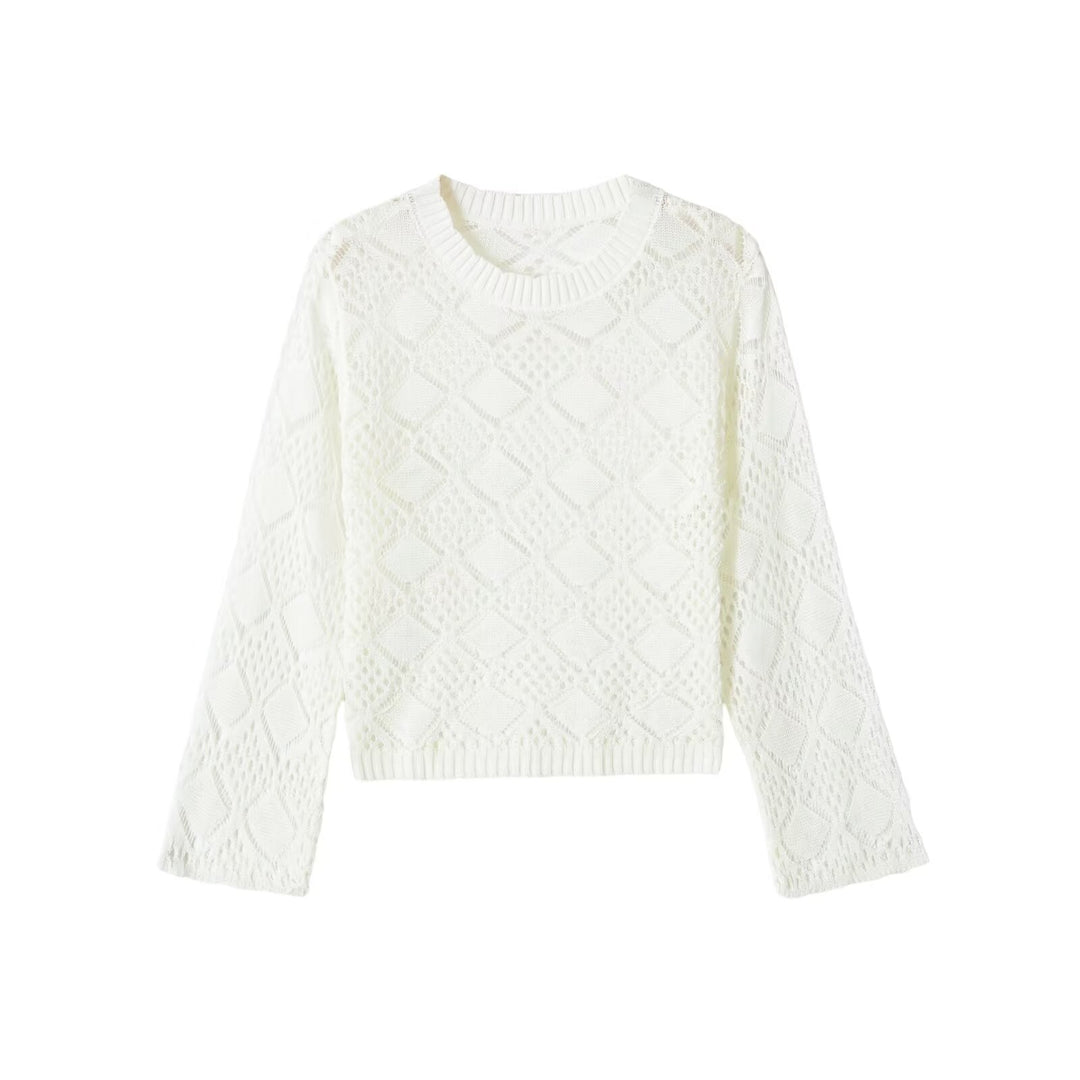 Damen Lochstrick-Pullover mit Rautenmuster und Rundhalsausschnitt Shop Nory