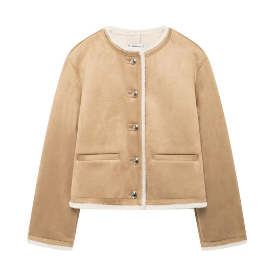 Damen Kurze Lammfelloptik-Cardiganjacke aus Veloursimitat mit Rundhals und Druckknöpfen Shop Nory