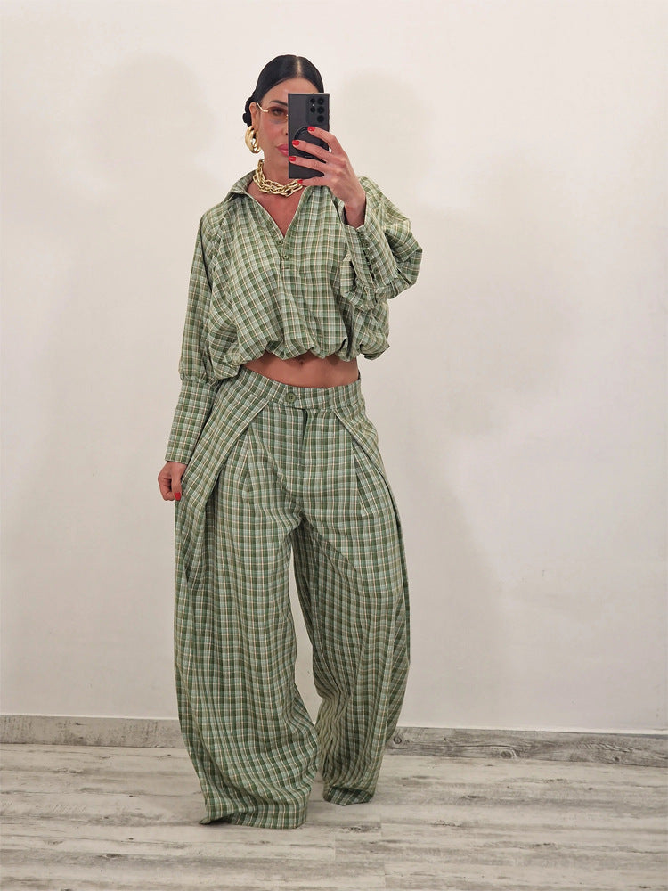 Damen Zweiteiliges kariertes Set mit Cropped Oversize-Hemd und weiter Bundfaltenhose Shop Nory