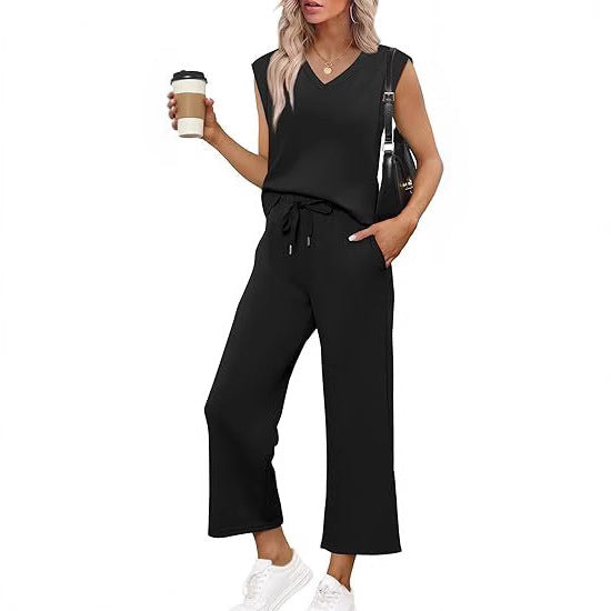 Damen Lässiges Zweiteiliges Lounge-Set mit Ärmellosem V-Neck-Top und Weiten Kordelbund-Hosen Shop Nory