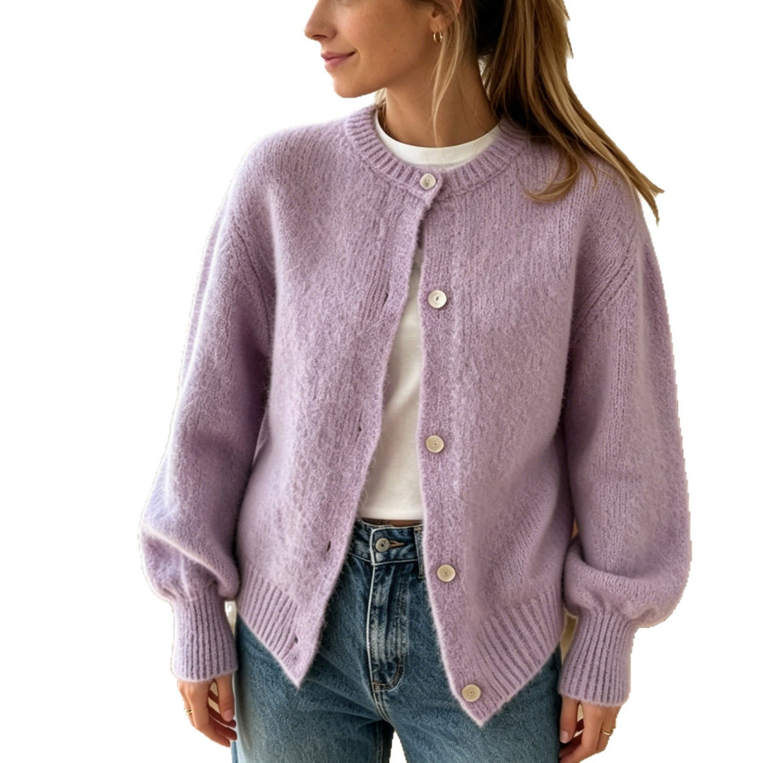Damen Kuschelige Mohair-Optik Strickjacke mit Rundhals und Ballonärmeln Shop Nory