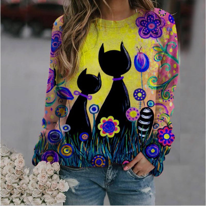 Damen Oversized-Sweatshirt mit künstlerischem Katzen-Print und floraler Musterung Shop Nory