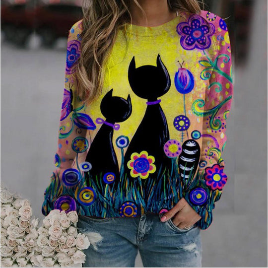 Damen Oversized-Sweatshirt mit künstlerischem Katzen-Print und floraler Musterung Shop Nory