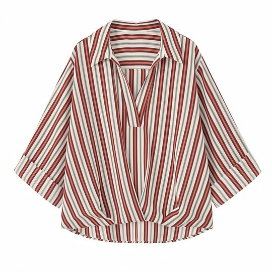 Damen Weit geschnittene Wickelbluse mit Hemdkragen, Dreiviertelärmeln und Streifenoptik Shop Nory