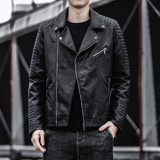 Herren Kunstleder-Bikerjacke mit gesteppter Ärmelpasse, asymmetrischem Reißverschluss und Metallzipper Shop Nory