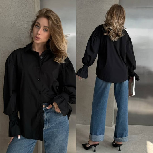 Damen Oversized-Bluse mit Volant-Manschetten und Ballonärmeln Shop Nory