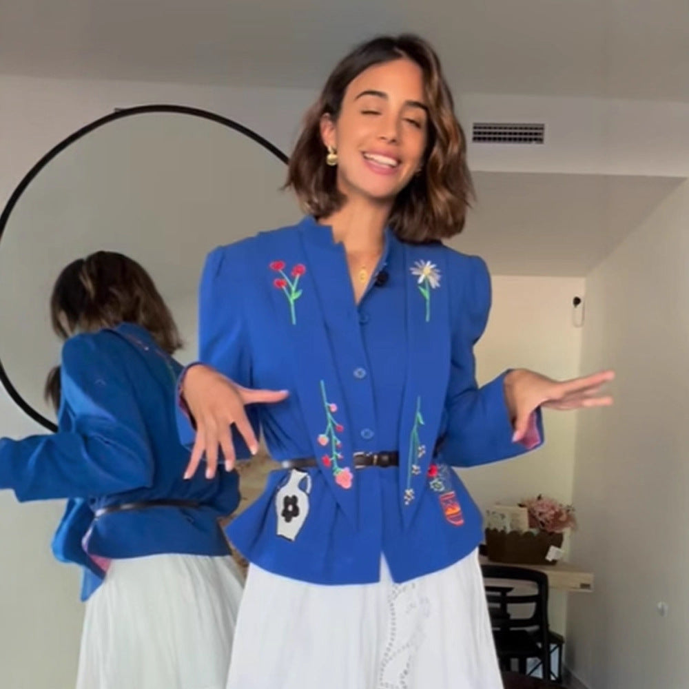 Damen Bestickte taillierte Kurzjacke mit Schößchen und Gürtel Shop Nory