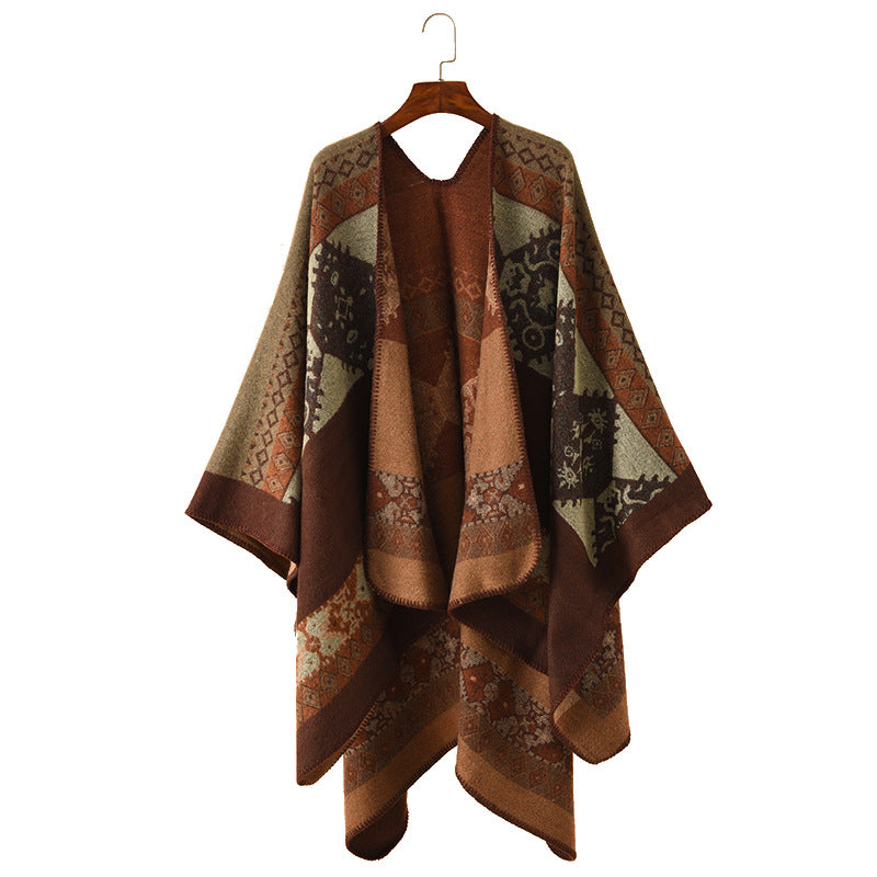 Damen Oversize Strickponcho mit folklorischem Jacquardmuster Shop Nory