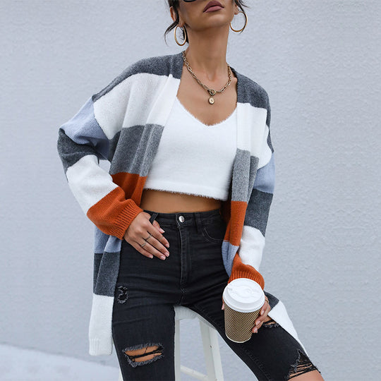 Damen Oversize Strickcardigan mit Blockstreifen und offener Front Shop Nory