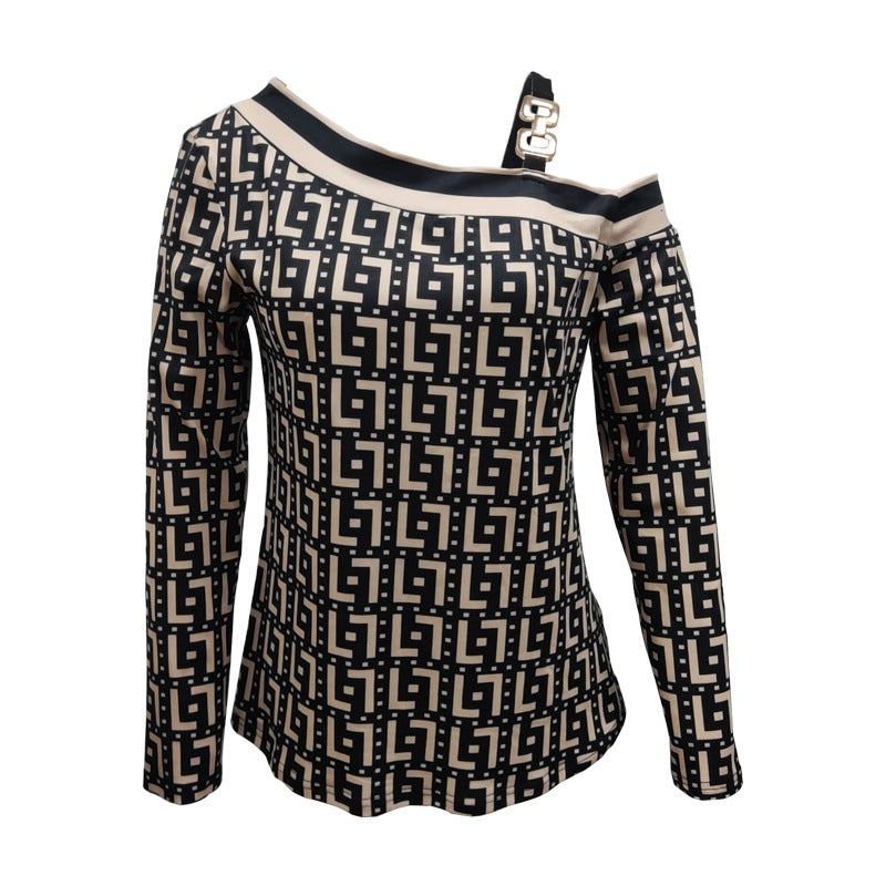 Damen Asymmetrisches Longsleeve mit One-Shoulder, Ziergurt und geometrischem Allover-Print Shop Nory