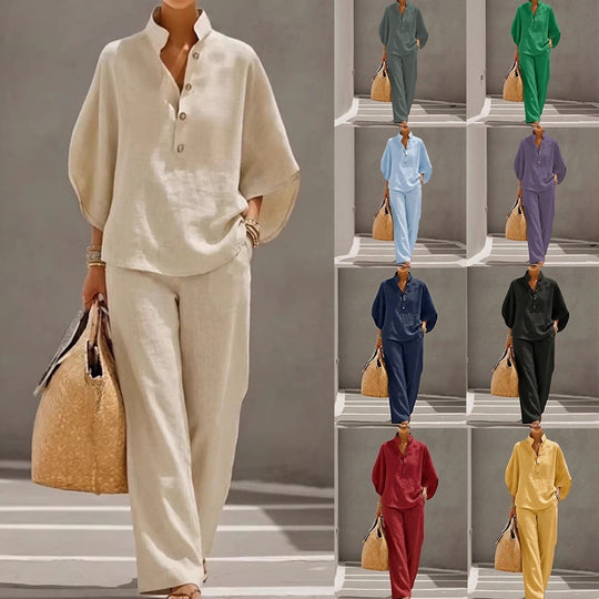 Damen Lockeres Leinenoptik-Zweiteiler mit Stehkragenbluse und weitem Palazzo-Hose Shop Nory