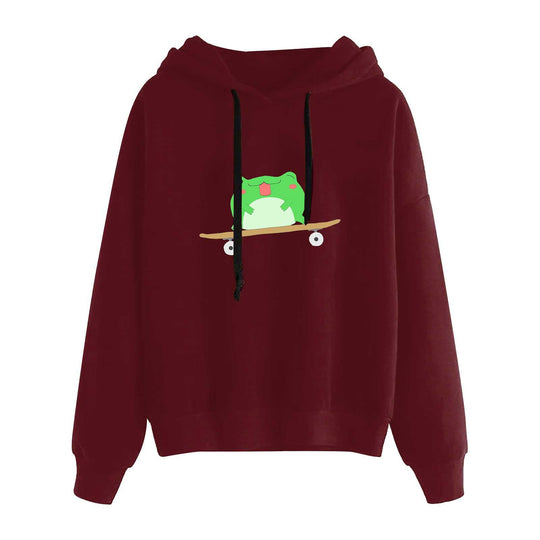 Damen nan kurz geschnittener Cropped-Kapuzenpullover mit niedlicher Frosch-Illustration und verstellbarer Kapuze Shop Nory