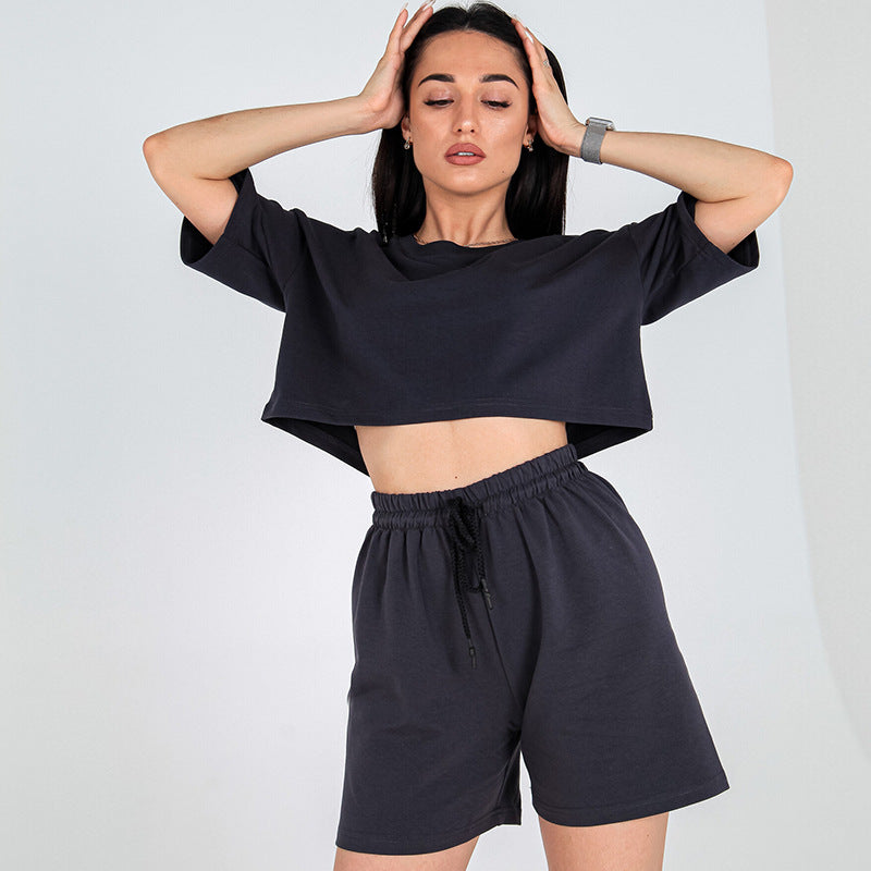 Damen Zweiteiliges Cropped-Lounge-Set aus Baumwolljersey mit elastischer Kordelzug-Shorts Shop Nory