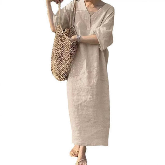 Damen Lässiges Leinen-Maxikleid mit V-Ausschnitt und Oversize-Relax-Fit Shop Nory