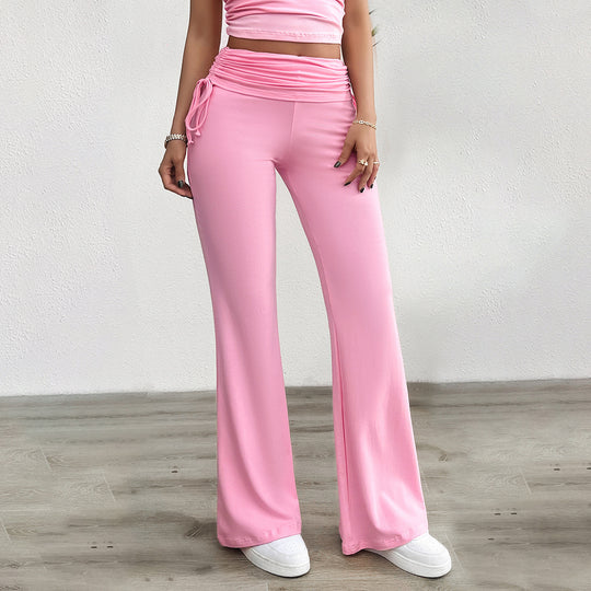 Damen nan weiche Palazzo-Loungehose mit Umschlagbund, seitlichen Kordelzügen und ausgestelltem Bein Shop Nory