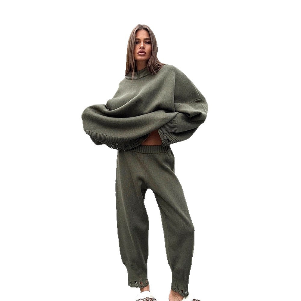 Damen Oversize-Strickset aus Feinstrick mit Destroyed-Saum, weitem Pullover und legerer Schlupfhose Shop Nory