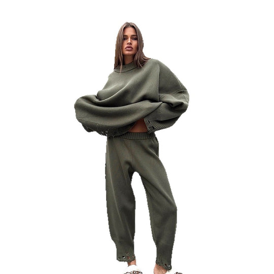 Damen Oversize-Strickset aus Feinstrick mit Destroyed-Saum, weitem Pullover und legerer Schlupfhose Shop Nory