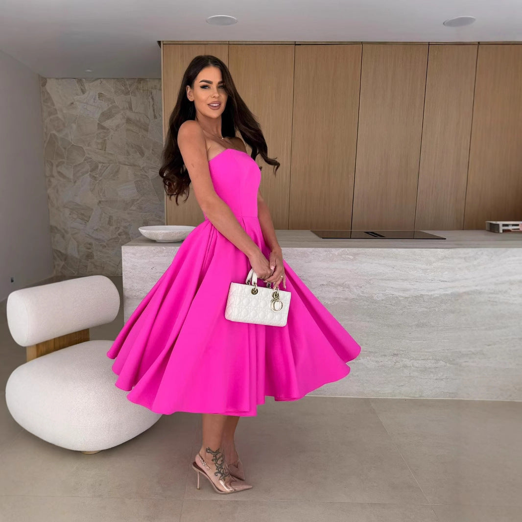 Damen A-linien Cocktailkleid mit trägerlosem Schnitt und schwingendem Rock