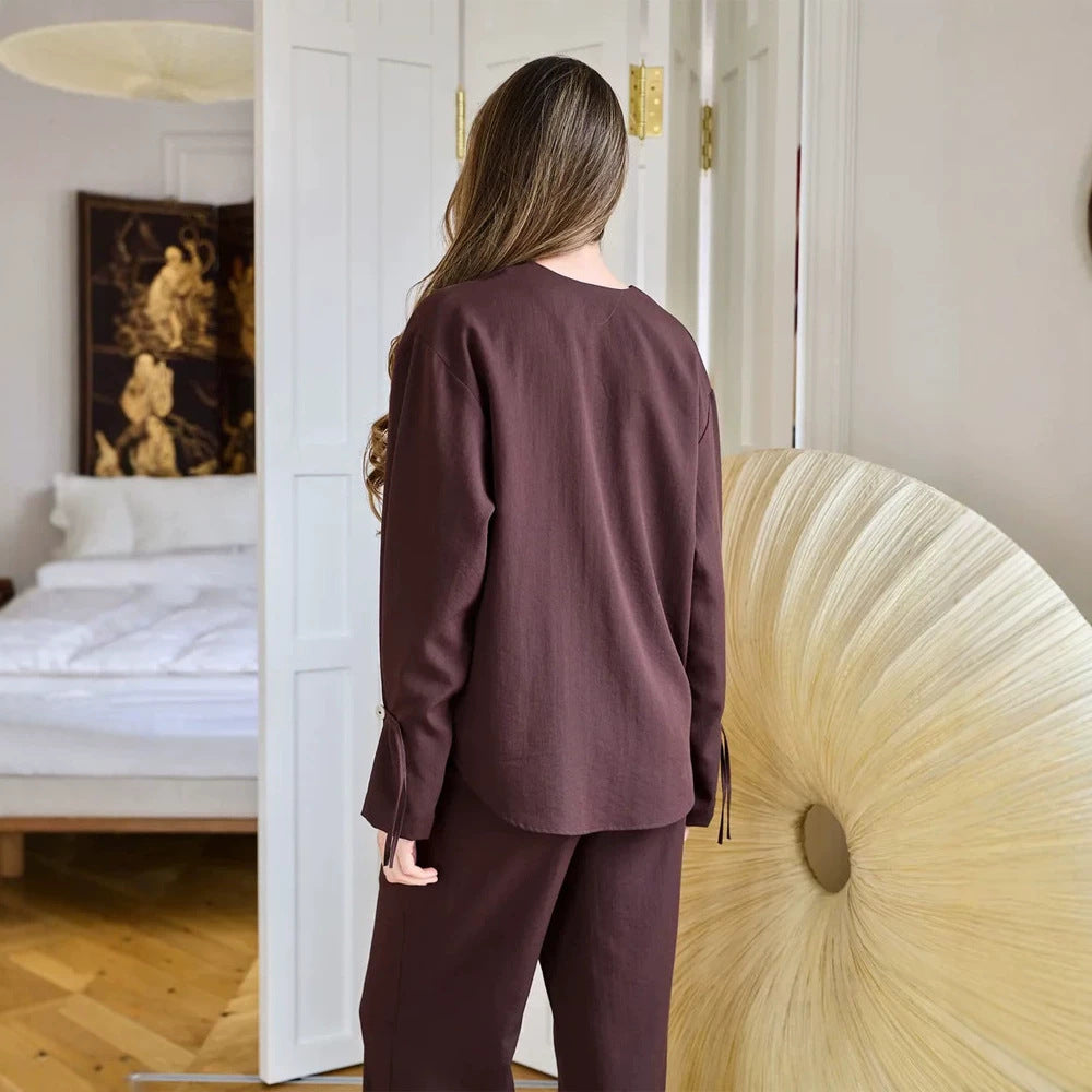 Damen Lässiges Lounge-Set mit V‑Ausschnitt, Knopfleiste und Zugbändern Shop Nory
