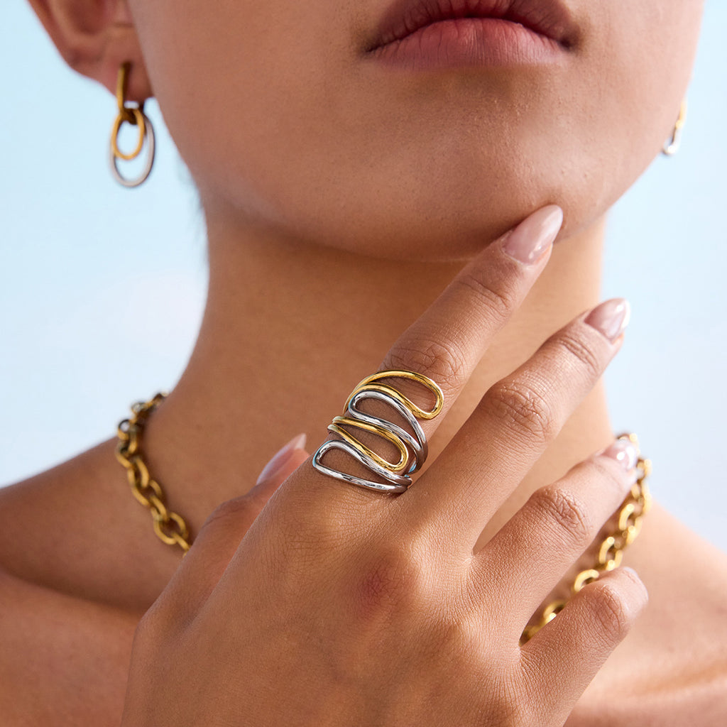 Damen Offener Ring mit innovativem zweifach geschwungenem Design aus hypoallergenem Edelstahl Shop Nory