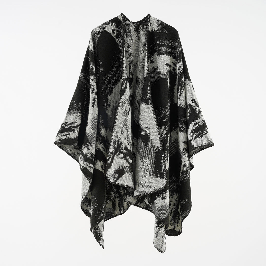 Damen Oversize-Jacquard-Umhang aus Wollmix mit grafischem Aquarellmuster und Kettelkante Shop Nory