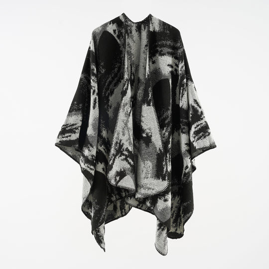 Damen Oversize-Jacquard-Umhang aus Wollmix mit grafischem Aquarellmuster und Kettelkante Shop Nory