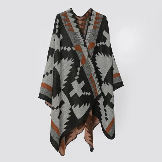 Damen Gewebter Jacquard‑Poncho im Oversize‑Cape mit Ethno‑Geometrischem Muster Shop Nory
