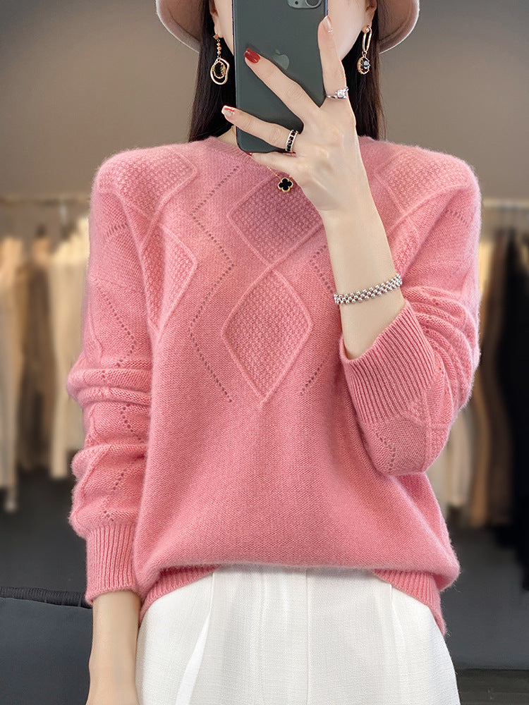 Damen Weicher Rautenmuster-Pullover im Mohair‑Look mit feiner Ajourstruktur und Rundhalsausschnitt Shop Nory