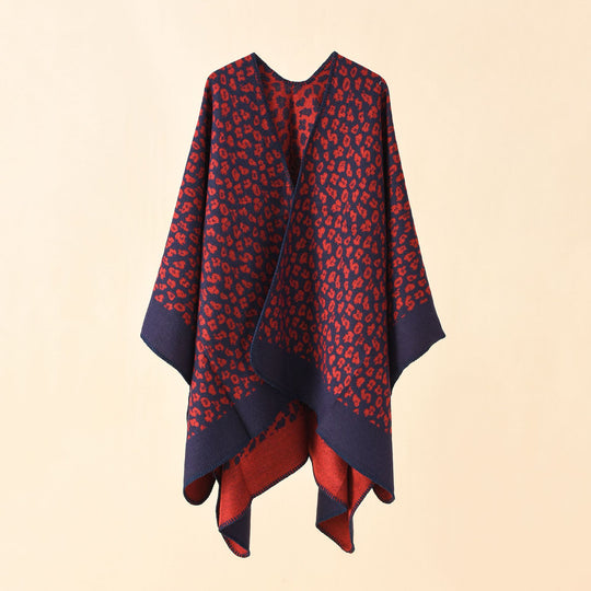 Damen Wollmix-Ruana mit tonigem Leopardenjacquard und kastigem Kimono-Fall Shop Nory