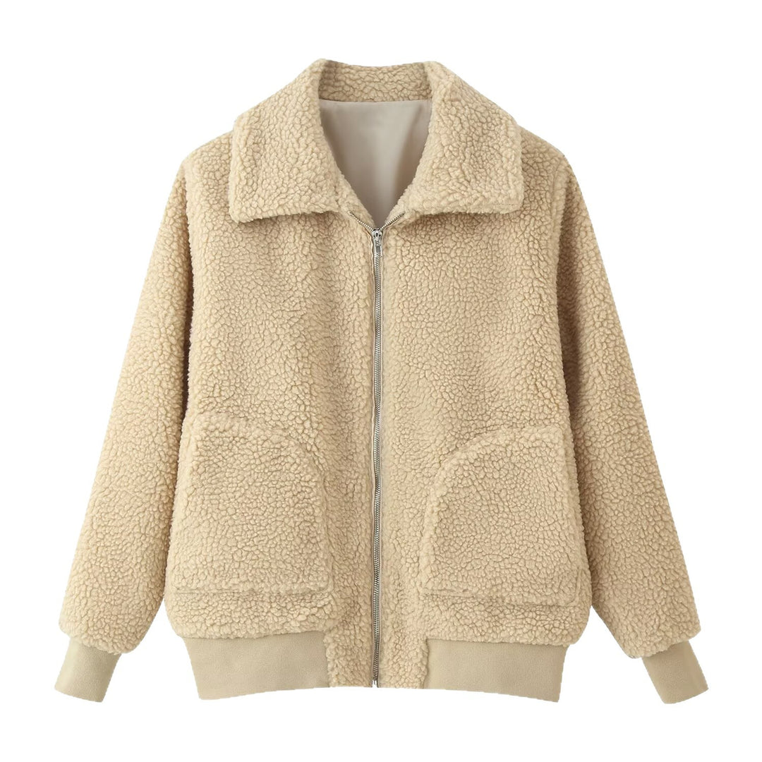 Damen Oversized Teddyjacke mit Reißverschluss, Kragen und aufgesetzten Taschen Shop Nory
