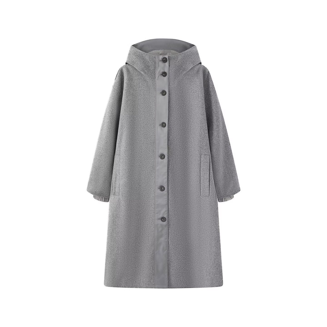 Damen Oversize Wollähnlicher Mantel mit Kapuze und Knopfleiste Shop Nory