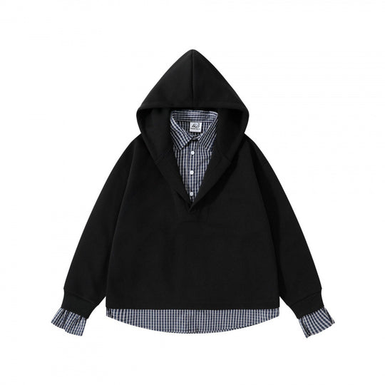Damen Layering-Hoodie mit eingesetztem Hemdkragen, karierter Saum- und Manschettenoptik Shop Nory