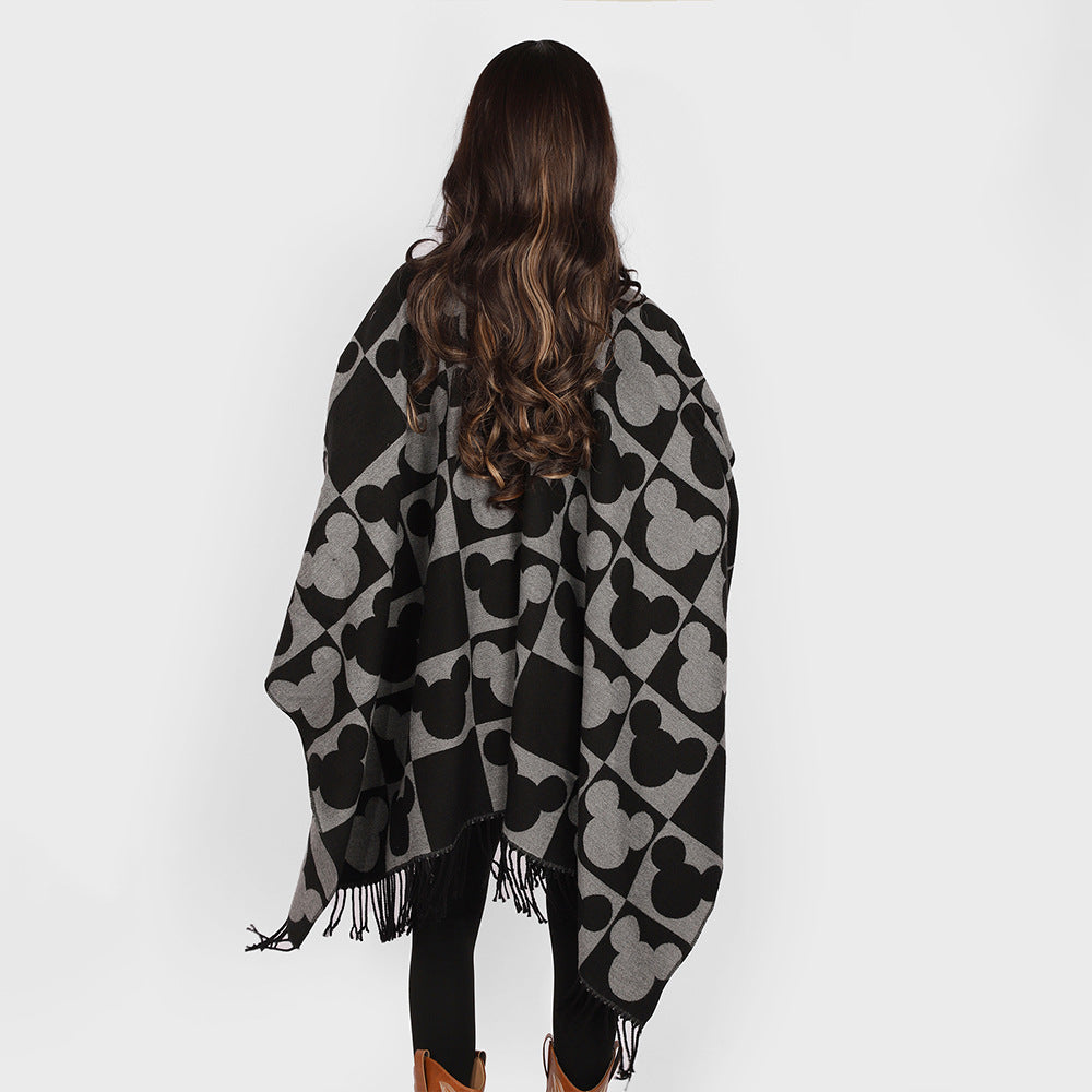 Damen Jacquard‑Überwurfponcho mit figurativem Kopf‑Silhouetten‑Muster, Fransen und offenem Fall Shop Nory