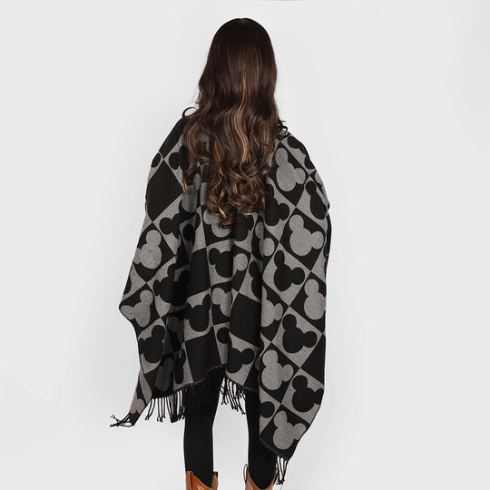 Damen Jacquard‑Überwurfponcho mit figurativem Kopf‑Silhouetten‑Muster, Fransen und offenem Fall Shop Nory