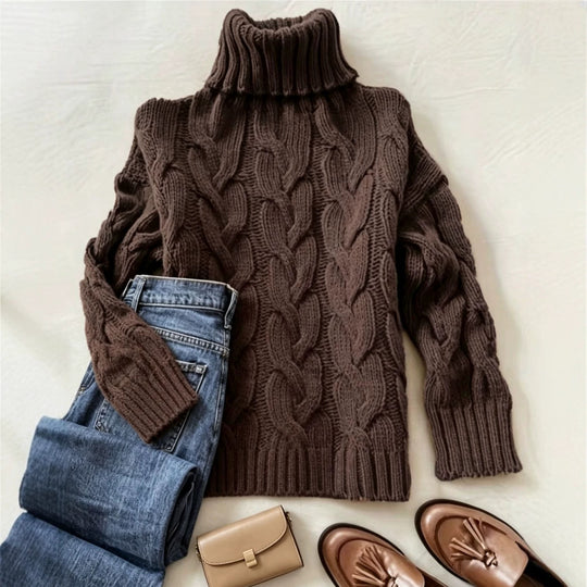 Damen Grobstrick-Rollkragenpullover mit markanten Zopfmustern und gerippten Bündchen Shop Nory