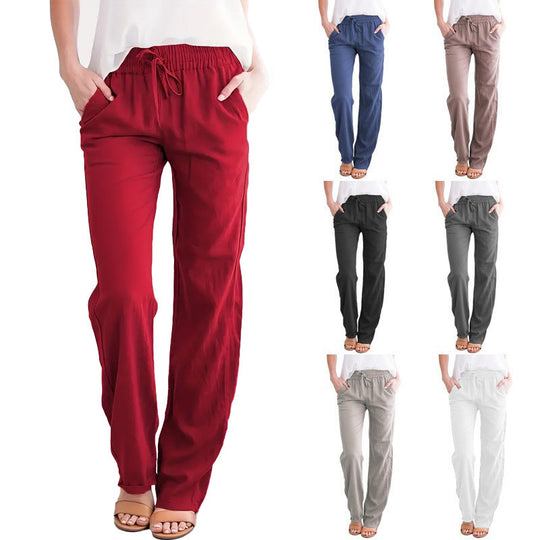 Damen Leichte Leinenoptik Palazzo-Hose mit Gummibund, Tunnelzug und Eingrifftaschen Shop Nory