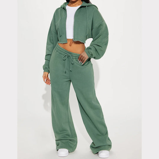 Damen gekürztes Reißverschluss-Kapuzenoberteil und hochtaillierte weite Fleece-Jogginghose Set Shop Nory