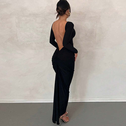 Damen enganliegendes Maxikleid mit langen Ärmeln figurbetonter Stretch-Silhouette und U-Boot-Ausschnitt Shop Nory