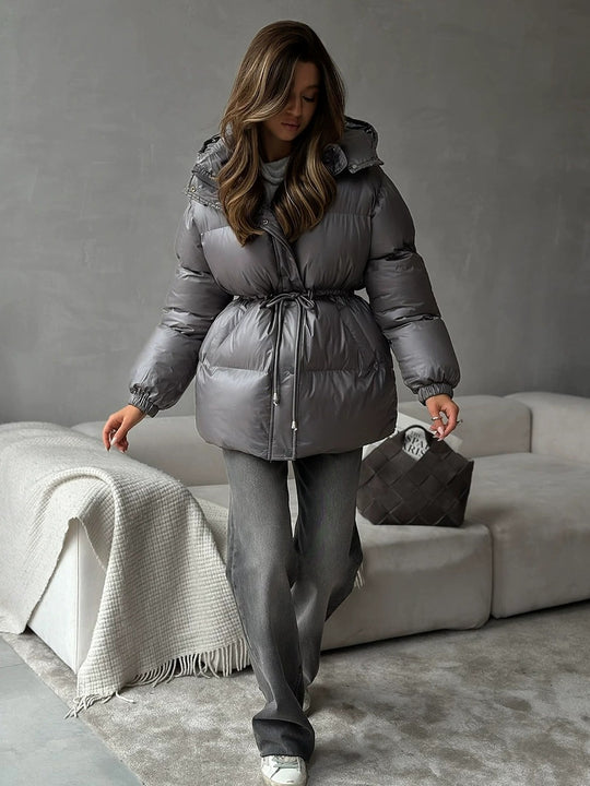 Damen gesteppte Steppjacke mit Taillenzug und Kapuze Shop Nory
