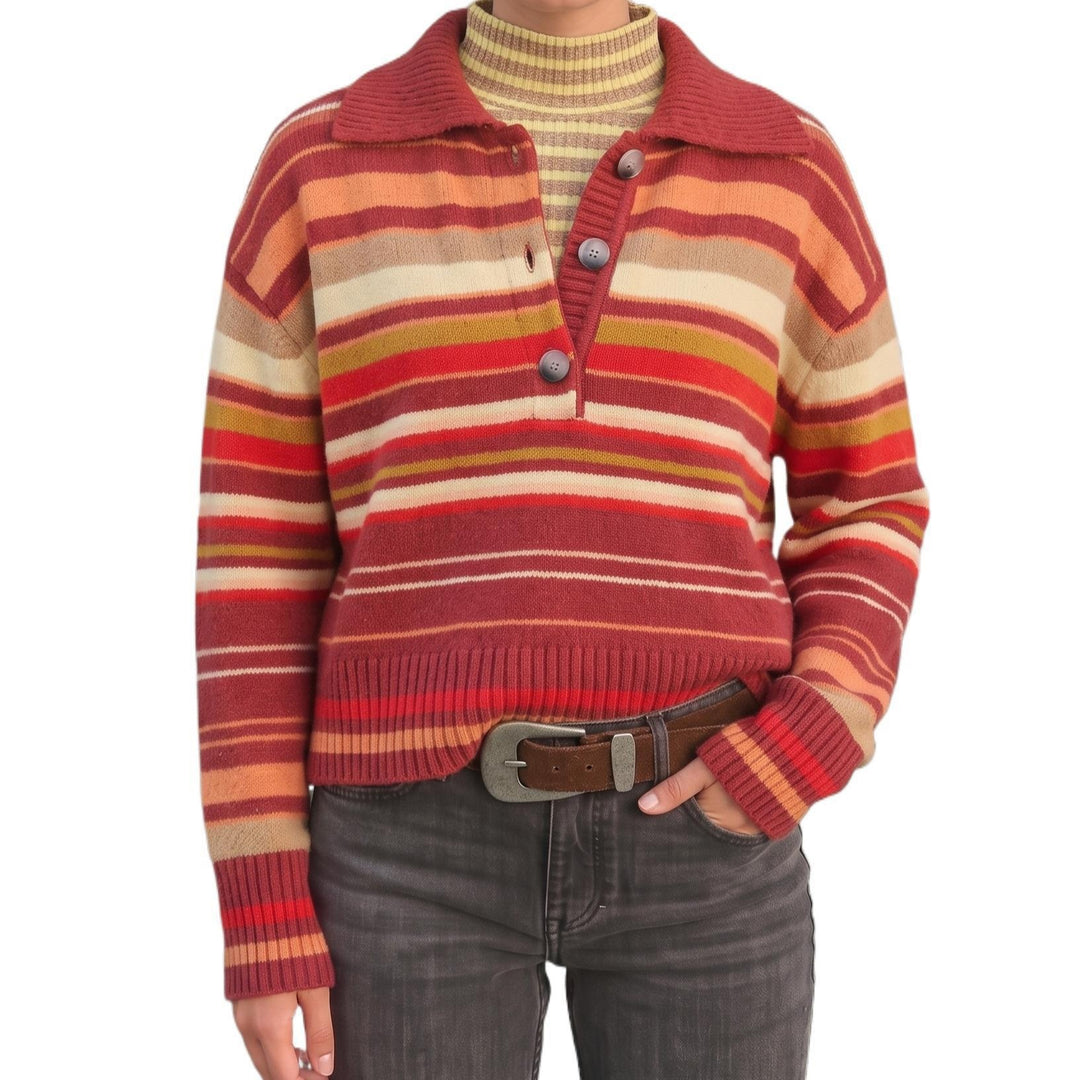 Damen Gestreifter Strickpullover mit Polokragen & Knopfleiste Shop Nory