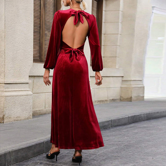 Damen elegantes Samt-Maxikleid mit taillierter Corsage, langen Ballonärmeln und fließender A-Linien-Rock Shop Nory