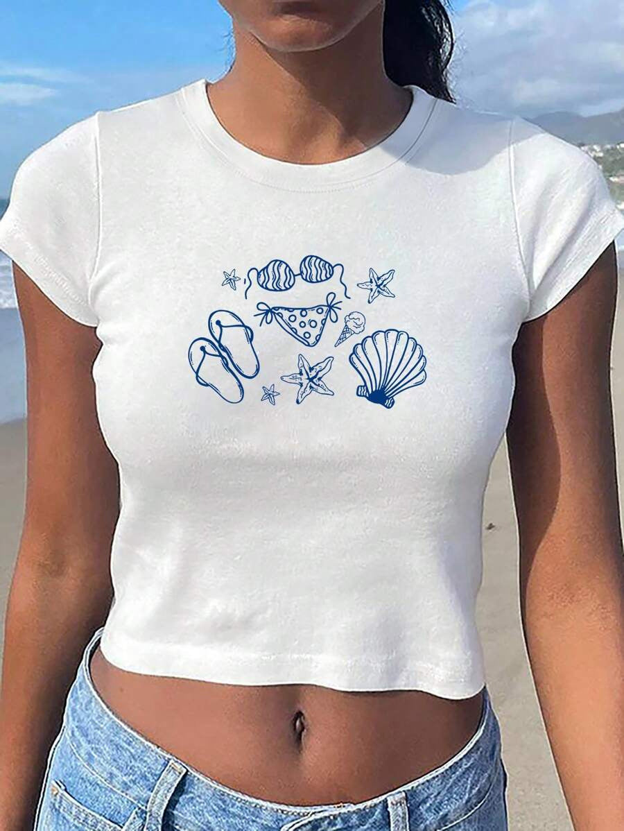 Damen Crop-T-Shirt mit kreativem Motiv und figurbetontem Schnitt Shopnory